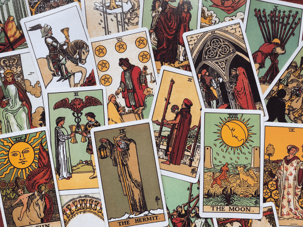 An array of tarot cards from the Rider Waite Smith deck