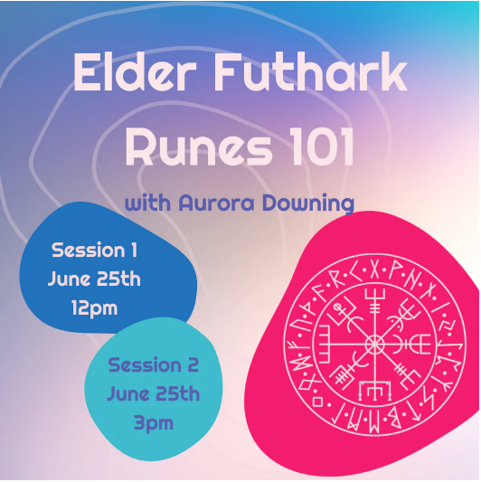Bright, playful Elder Futhark Runes 101 advertisement via Ceremonial Treehouse shown with the norse vegvisir symbol in various colored shapes