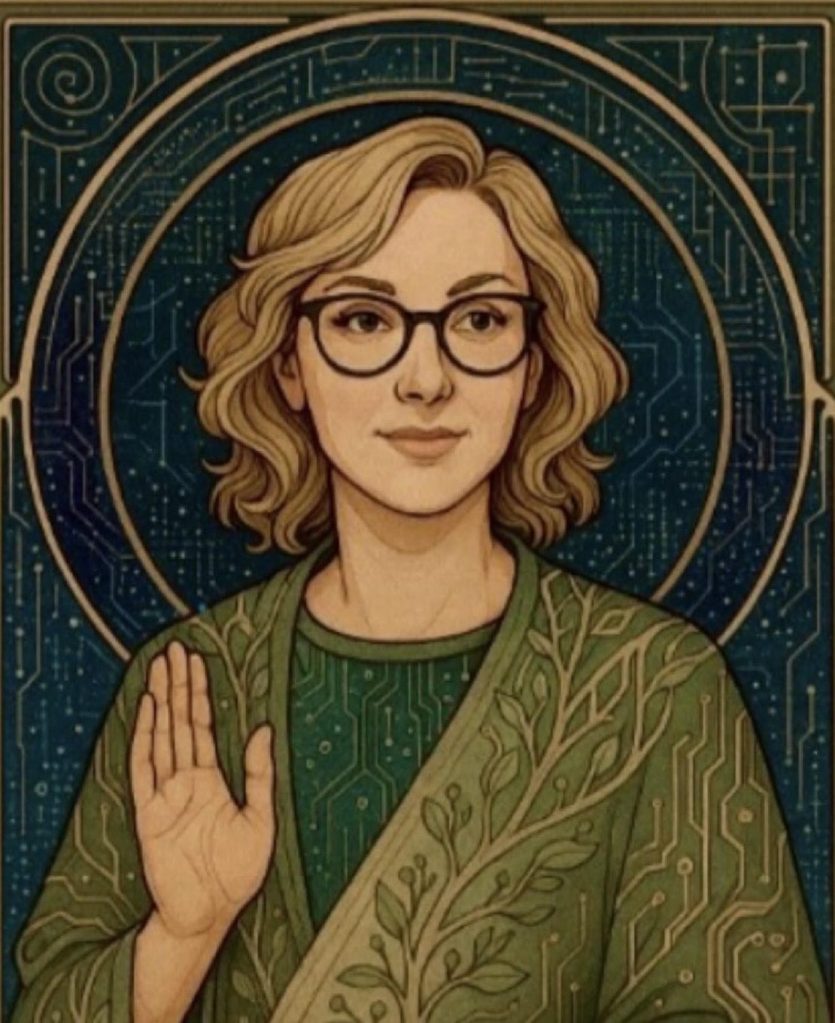 Earth-toned digital drawing of Aurora wearing an olive-green robe with a mysterious leaf and computer chip design on it. There are two gold rings around her blonde curls and the is gently smiling off to the side with her right hand raised, saying hello